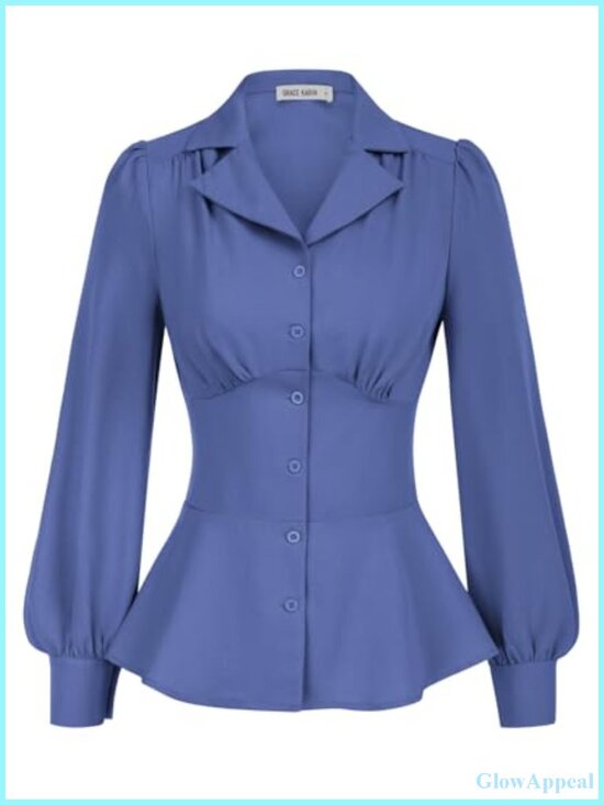 Tops - Long Sleeve Dressy Peplum Blouse Button Down Business Casual Work Tops Women